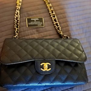 CHANEL Classic Caviar Large DBL Flap Handbag Black W/Gold Hardware
